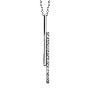 Collier en argent rhodi chane avec pendentif 2 btons superposs, 1 lisse et l\'autre orn d\'oxydes blancs sertis - longueur 38cm + 4cm de rallonge - Vue 1