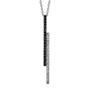 Collier en argent rhodi chane avec pendentif 2 btons superposs, 1 orn d\'oxydes blancs sertis et l\'autre d\'oxydes noirs - longueur 40cm + 4cm de rallonge - Vue 1