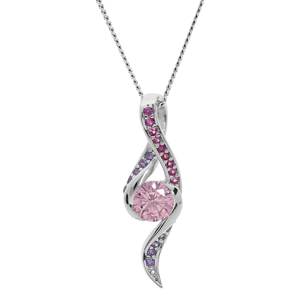 Collier en argent rhodi� cha�ne avec pendentif boucle avec oxydes rose et violets et oxyde centrale rose 42+3cm - Vue 1