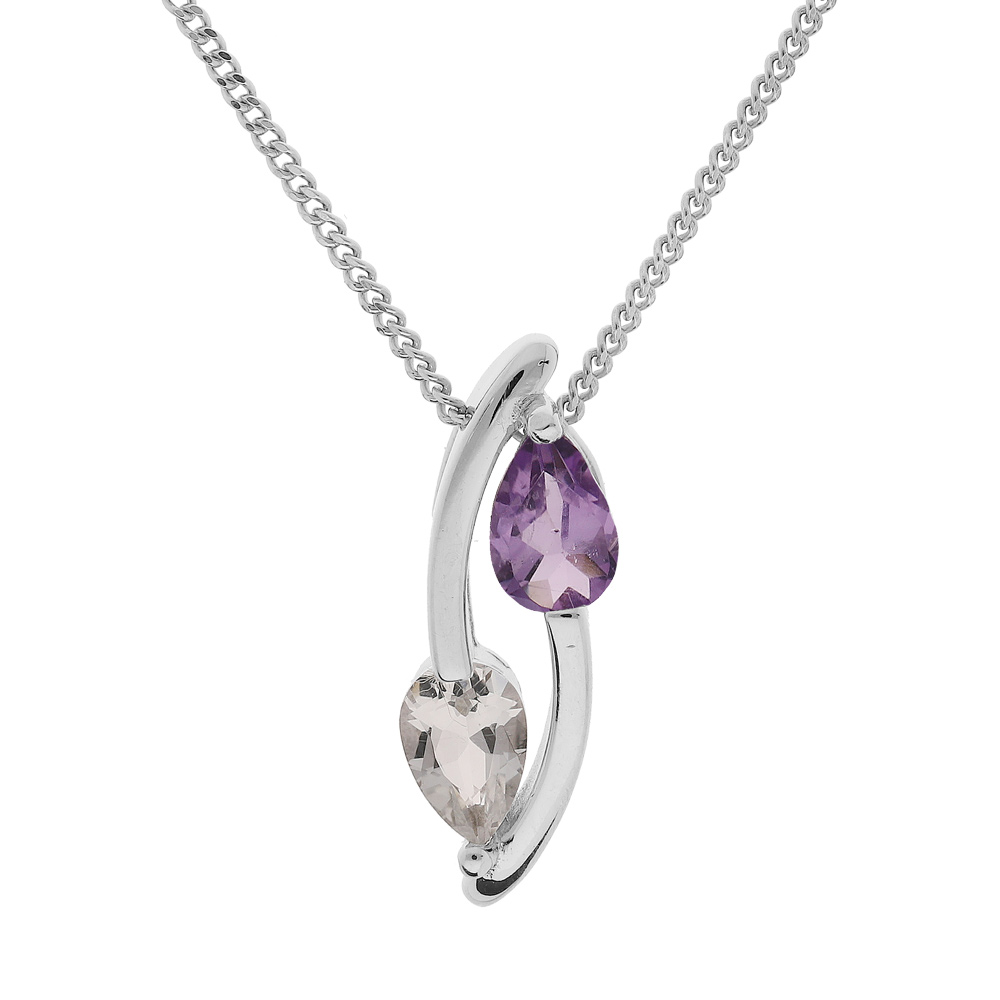 Collier en argent rhodi� cha�ne avec pendentif 2 brins pierres Amethyste v�ritable et Topaze blanc 42+3cm - Vue 1