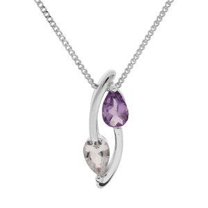 Collier en argent rhodi chane avec pendentif 2 brins pierres Amethyste vritable et Topaze blanc 42+3cm - Vue 1