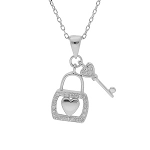 Collier en argent rhodi chane avec pendentif cadenas coeur et clef oxydes blancs sertis 39+2+2cm - Vue 1