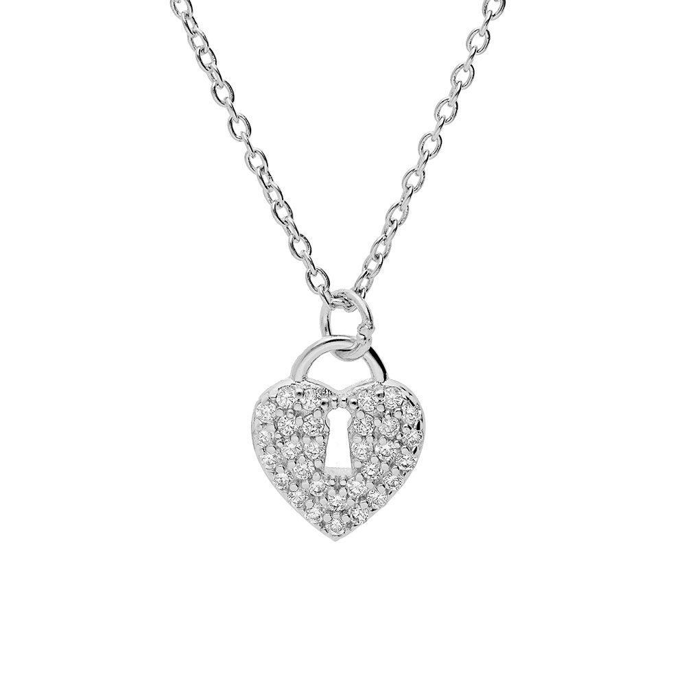 Collier en argent rhodi� cha�ne avec pendentif cadenas coeur pav� oxydes blancs 42+3cm - Vue 1