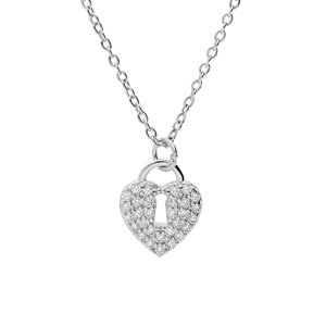 Collier en argent rhodi chane avec pendentif cadenas coeur pav oxydes blancs 42+3cm - Vue 1