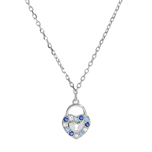Collier en argent rhodi chane avec pendentif cadenas en forme de coeur et oxydes bleus 42+2+2cm - Vue 1