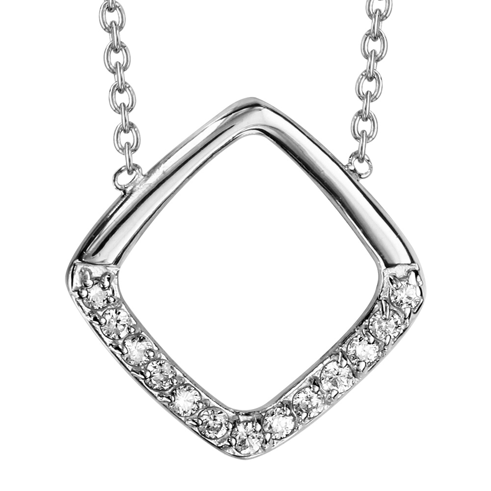Collier en argent rhodi� cha�ne avec pendentif carr� ajour� avec moiti� orn�e d\'oxydes blancs sertis - longueur 39cm + 3cm de rallonge - Vue 1