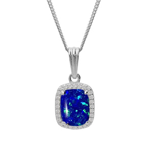 Collier en argent rhodi chane avec pendentif carr Opale bleu fonc de synthse et oxydes blancs sertis 42+3cm - Vue 1