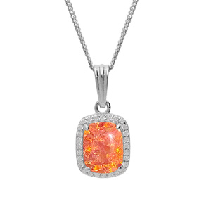 Collier en argent rhodi chane avec pendentif carr Opale orange de synthse et oxydes blancs sertis 42+3cm - Vue 1