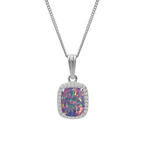 Collier en argent rhodi chane avec pendentif carr Opale violet de synthse et oxydes blancs sertis 42+3cm - Vue 1