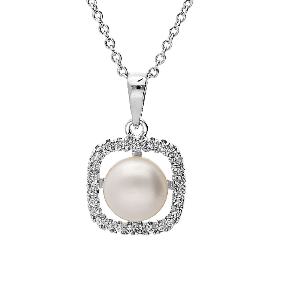 Collier en argent rhodi chane avec pendentif carr oxydes blancs et Perle de culture d\'eau douce blanche 40+4cm - Vue 1