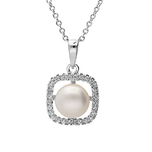 Collier en argent rhodi chane avec pendentif carr oxydes blancs et Perle de culture d\'eau douce blanche 40+4cm - Vue 1