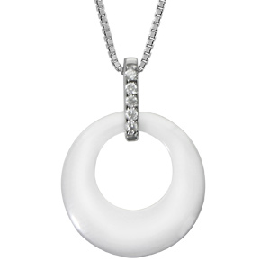 Collier en argent rhodi chane avec pendentif cercle cramique blanche barrette oxydes sertis 42+3cm - Vue 1