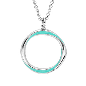 Collier en argent rhodié chaîne avec pendentif cercle couleur turquoise 42+3cm - Vue 1