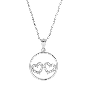 Collier en argent rhodi chane avec pendentif cercle double coeur pavs d\'oxydes blancs 40+5cm - Vue 1