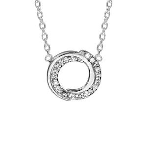 Collier en argent rhodi chane avec pendentif cercle en 2 brins enrouls dont 1 lisse et l\'autre orn d\'oxydes blancs sertis - longueur 38cm + 4cm de rallonge - Vue 1