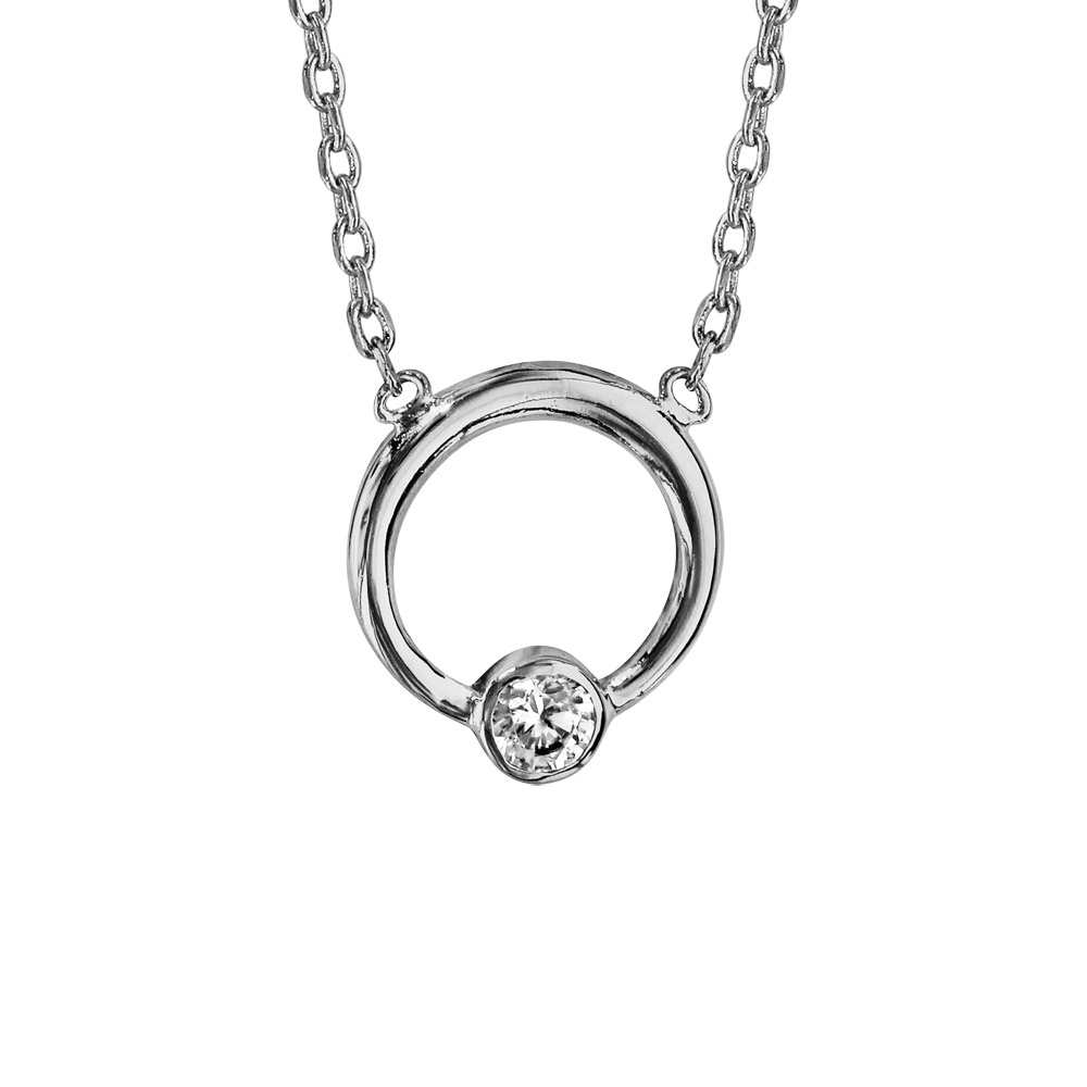 Collier en argent rhodi� cha�ne avec pendentif cercle 1 oxyde blanc serti clos 42cm - Vue 1