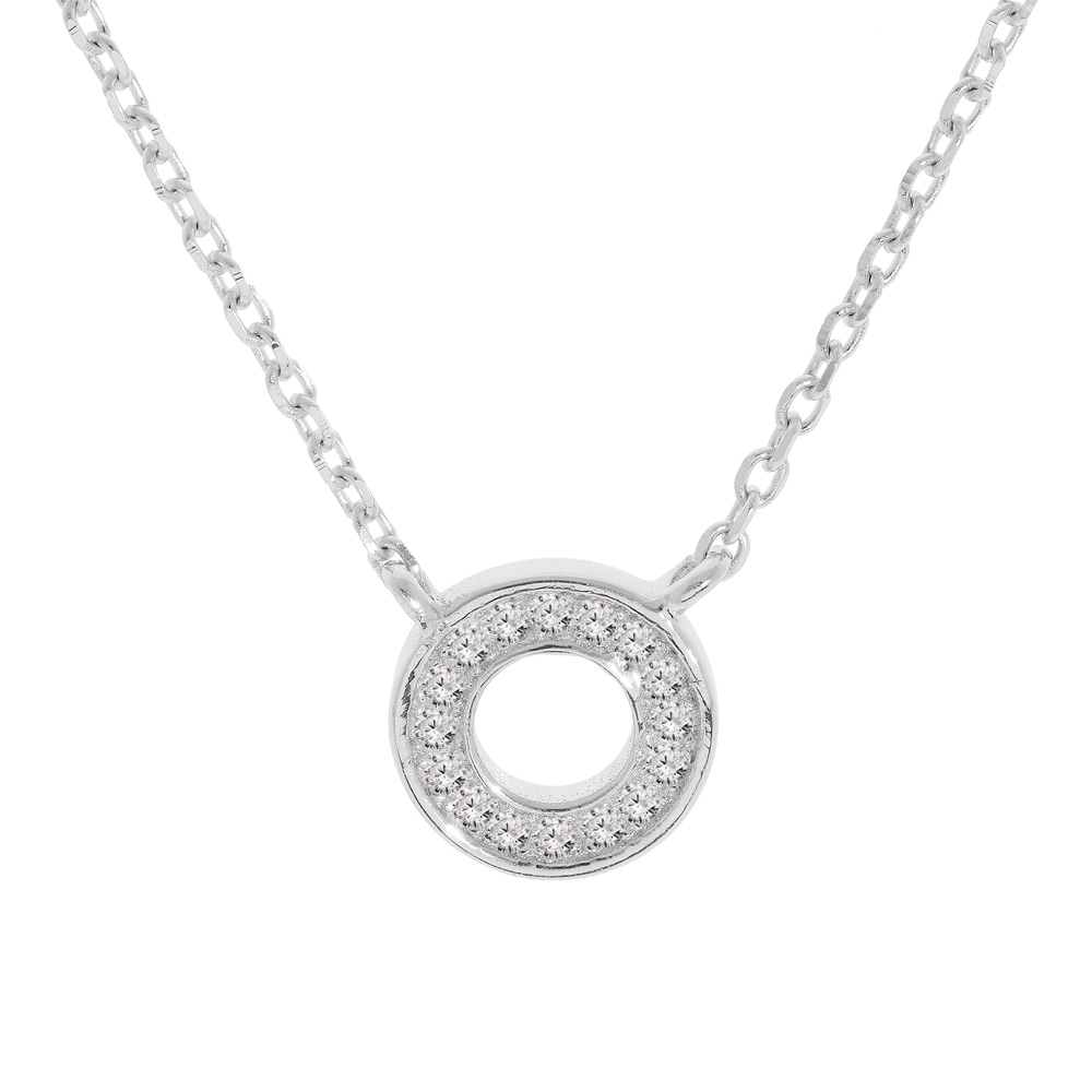 Collier en argent rhodi� cha�ne avec pendentif cercle pav� d\'oxydes blancs sertis 42+3cm - Vue 1