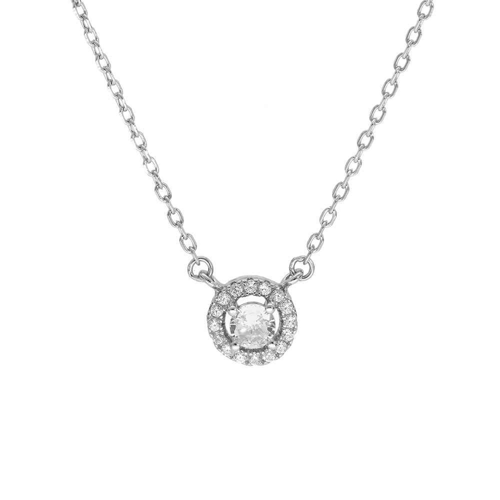 Collier en argent rhodi� cha�ne avec pendentif cercle pav� d\'oxydes blancs sertis et au centre 1 oxyde blancs sertis 40+5cm - Vue 1