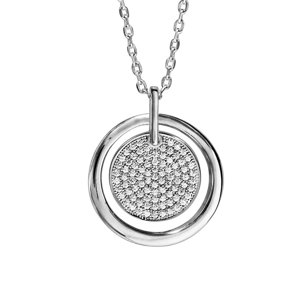 Collier en argent rhodi� cha�ne avec pendentif cercle rondelle oxydes blancs sertis 42cm + 3cm - Vue 1