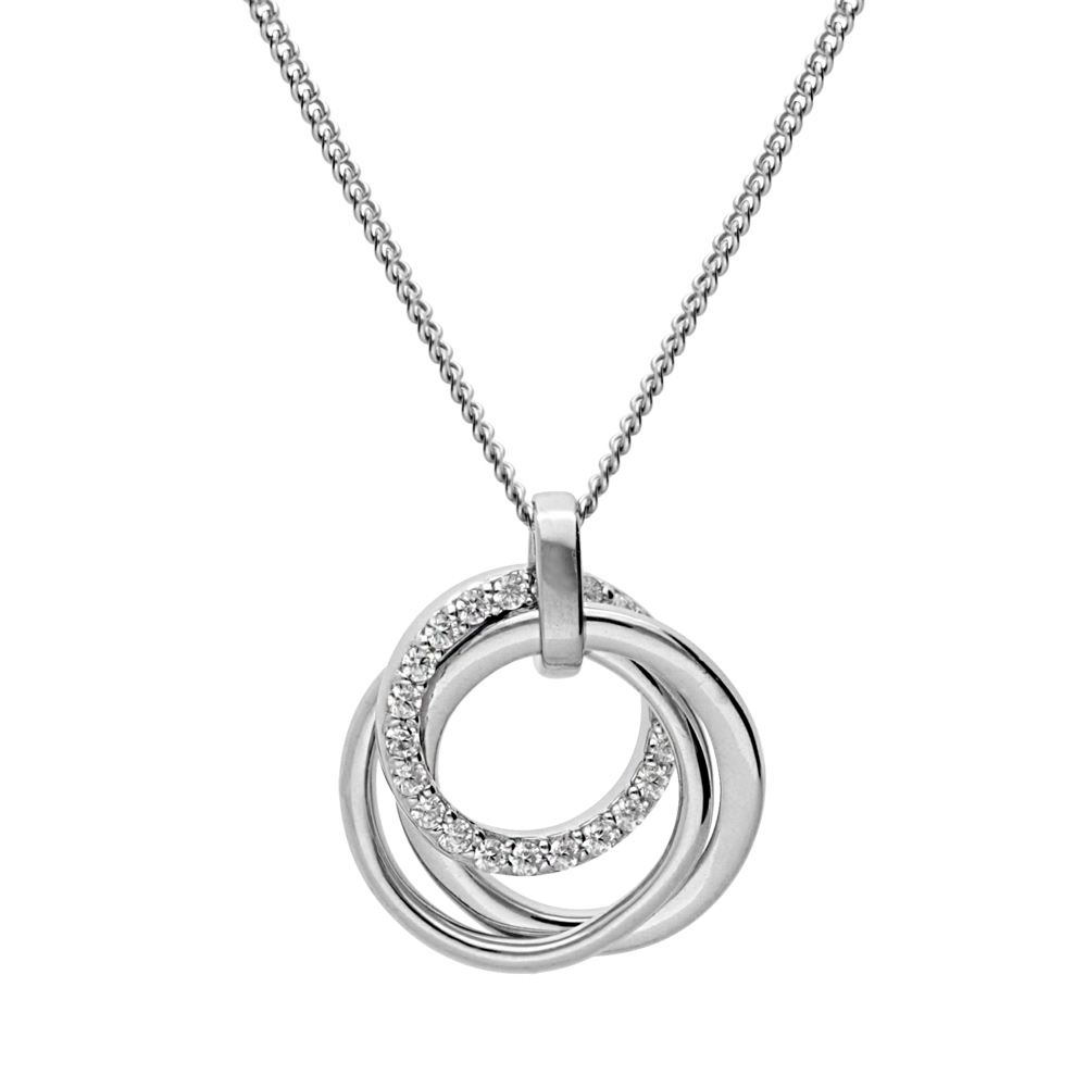 Collier en argent rhodi� cha�ne avec pendentif 3 cercles oxydes blancs sertis 41+5cm - Vue 1