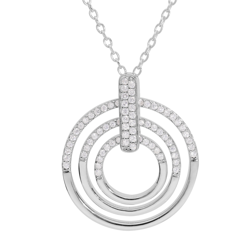 Collier en argent rhodi� cha�ne avec pendentif 3 cercles pav� d\'oxydes blancs sertis 41+4cm - Vue 1