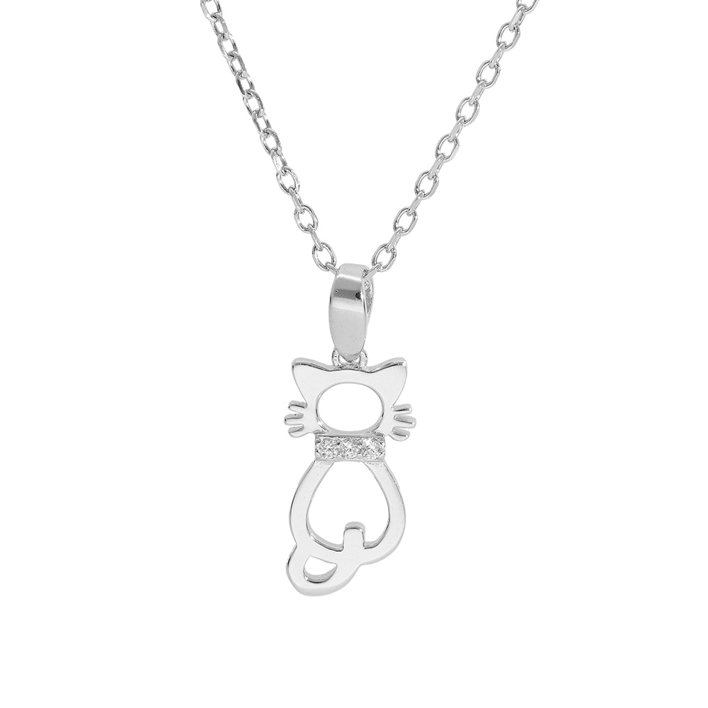 Collier en argent rhodi� cha�ne avec pendentif chat ajour� 40+5cm - Vue 1