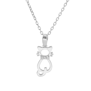 Collier en argent rhodi chane avec pendentif chat ajour 40+5cm - Vue 1