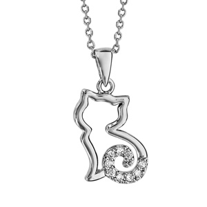 Collier en argent rhodi chane avec pendentif chat ajour stylis avec queue orne d\'oxydes blancs - longueur 40cm + 4cm de rallonge - Vue 1