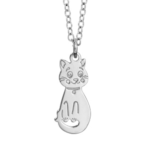 Collier en argent rhodi chane avec pendentif chat - longueur 35cm + 5cm de rallonge - Vue 1