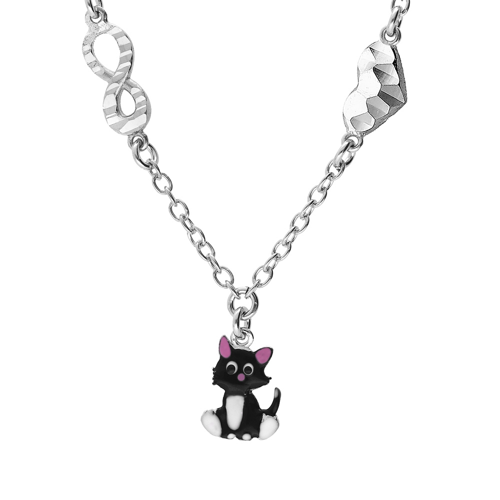 Collier en argent rhodi� cha�ne avec pendentif chat noir et blanc et motif infini et coeur 35+4cm - Vue 1
