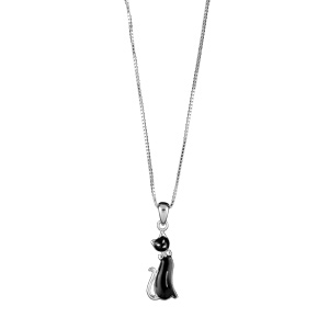 Collier en argent rhodi chane avec pendentif chat noir - longueur 42cm - Vue 1