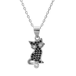 Collier en argent rhodi chane avec pendentif chat oxydes noirs sertis 43cm rglable 41 et 39cm - Vue 1