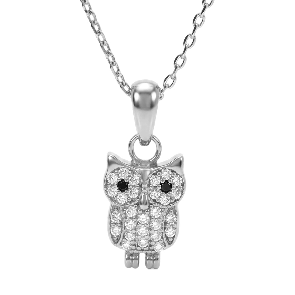 Collier en argent rhodi� cha�ne avec pendentif chouette orn�e d\'oxydes blancs sertis et yeux noirs - longueur 42cm + 3cm de rallonge - Vue 1