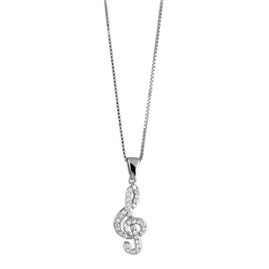 Collier en argent rhodi chane avec pendentif cl de sol orne d\'oxydes blancs - longueur 42cm + 3cm de rallonge - Vue 1