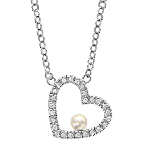 Collier en argent rhodi chane avec pendentif coeur ajour orn d\'oxydes sertis avec 1 perle blanche synthtique  l\'intrieur - longueur 42cm + 3cm de rallonge - Vue 1