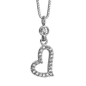 Collier en argent rhodi chane avec pendentif coeur asymtrique ajour orn d\'oxydes blancs sertis - longueur 42cm + 3cm de rallonge - Vue 1