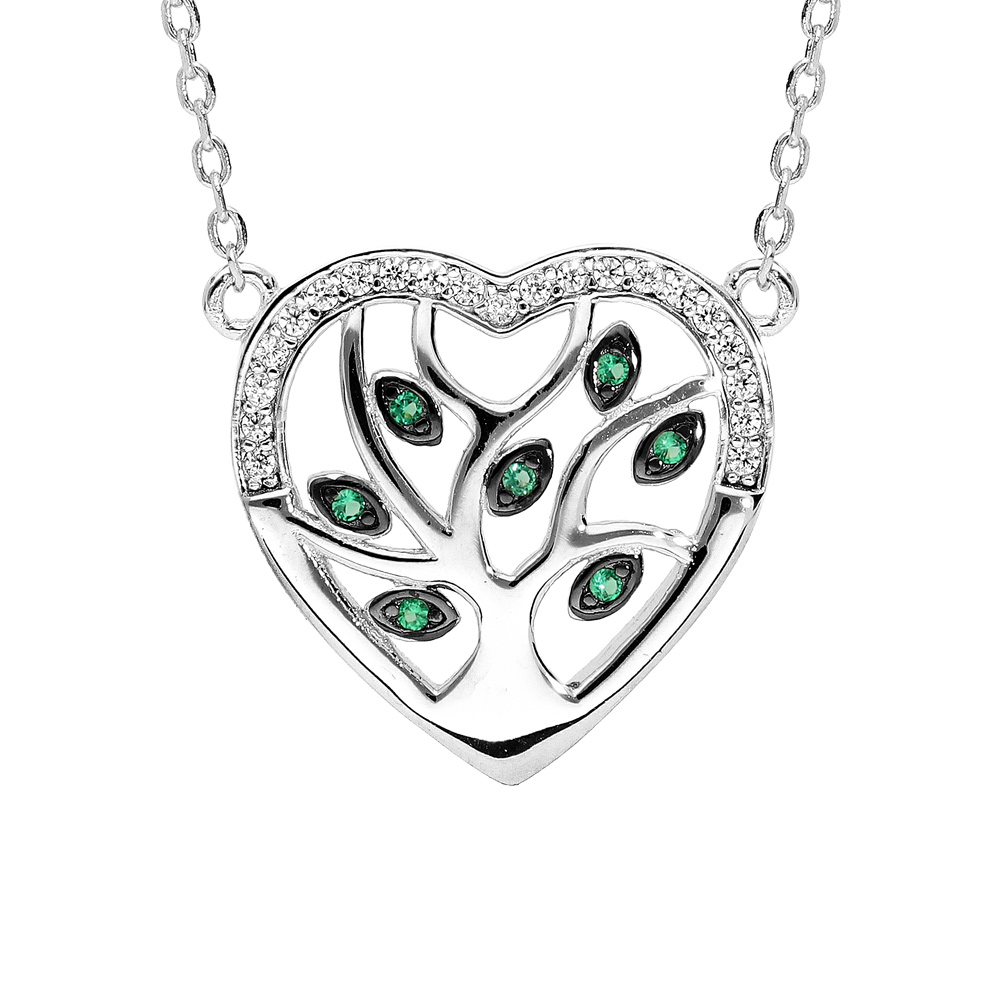 Collier en argent rhodi� cha�ne avec pendentif coeur avec arbre de vie empierr� vert  40+5cm - Vue 1