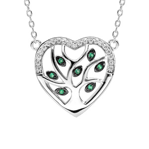 Collier en argent rhodi chane avec pendentif coeur avec arbre de vie empierr vert  40+5cm - Vue 1