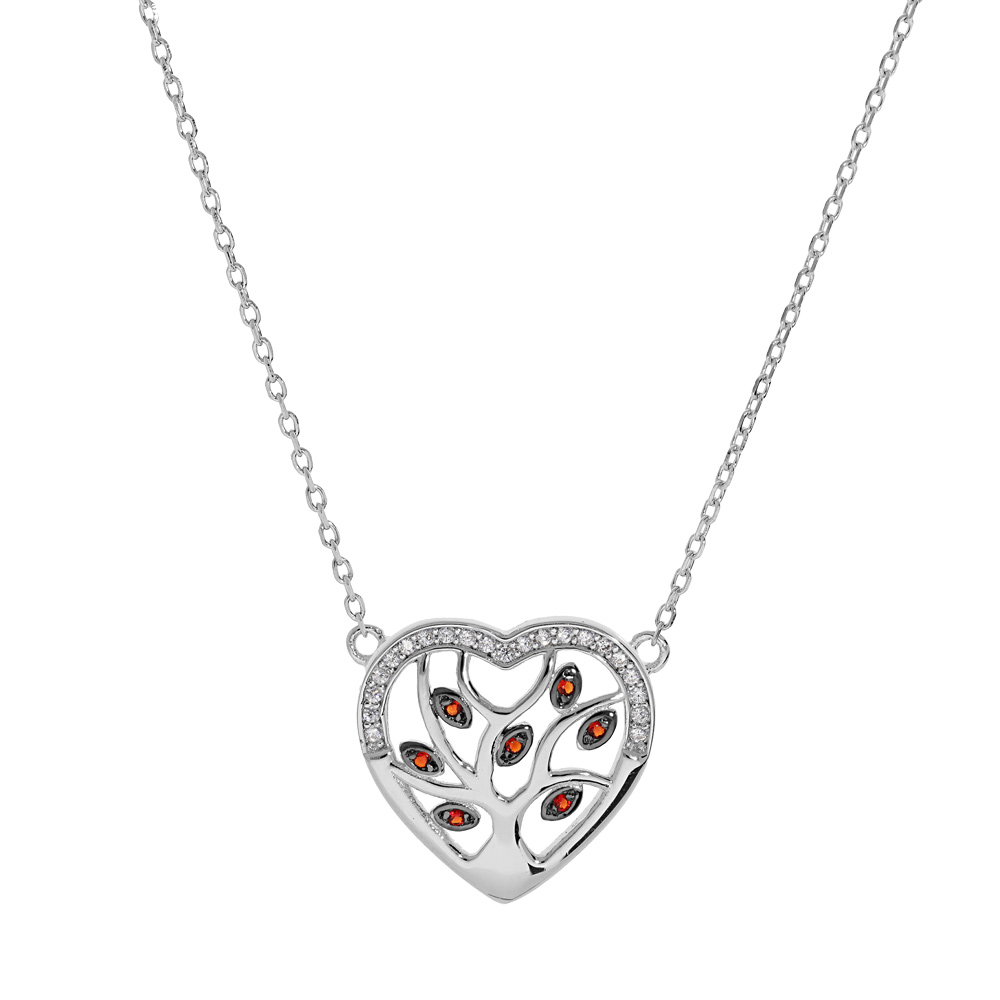 Collier en argent rhodi� cha�ne avec pendentif coeur avec arbre de vie pierres rouges et contour oxydes blancs sertis 40+5cm - Vue 1