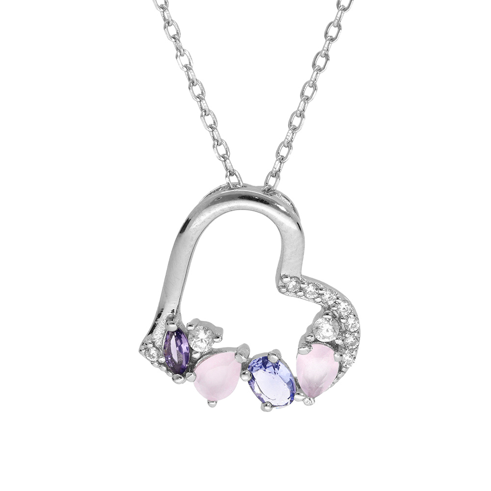 Collier en argent rhodi� cha�ne avec pendentif coeur avec oxydes blancs et pastels 40+5cm - Vue 1