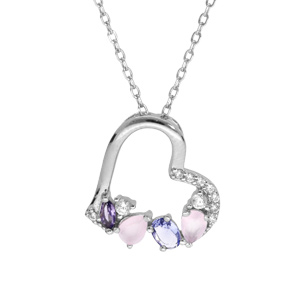 Collier en argent rhodié chaîne avec pendentif coeur avec oxydes blancs et pastels 40+5cm - Vue 1