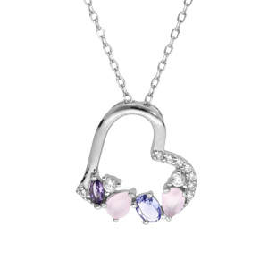 Collier en argent rhodi chane avec pendentif coeur avec oxydes blancs et pastels 40+5cm - Vue 1