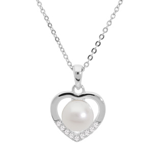 Collier en argent rhodi chane avec pendentif coeur avec perle de culture d\'eau douce blanche et oxydes blancs sertis 42+3cm - Vue 1
