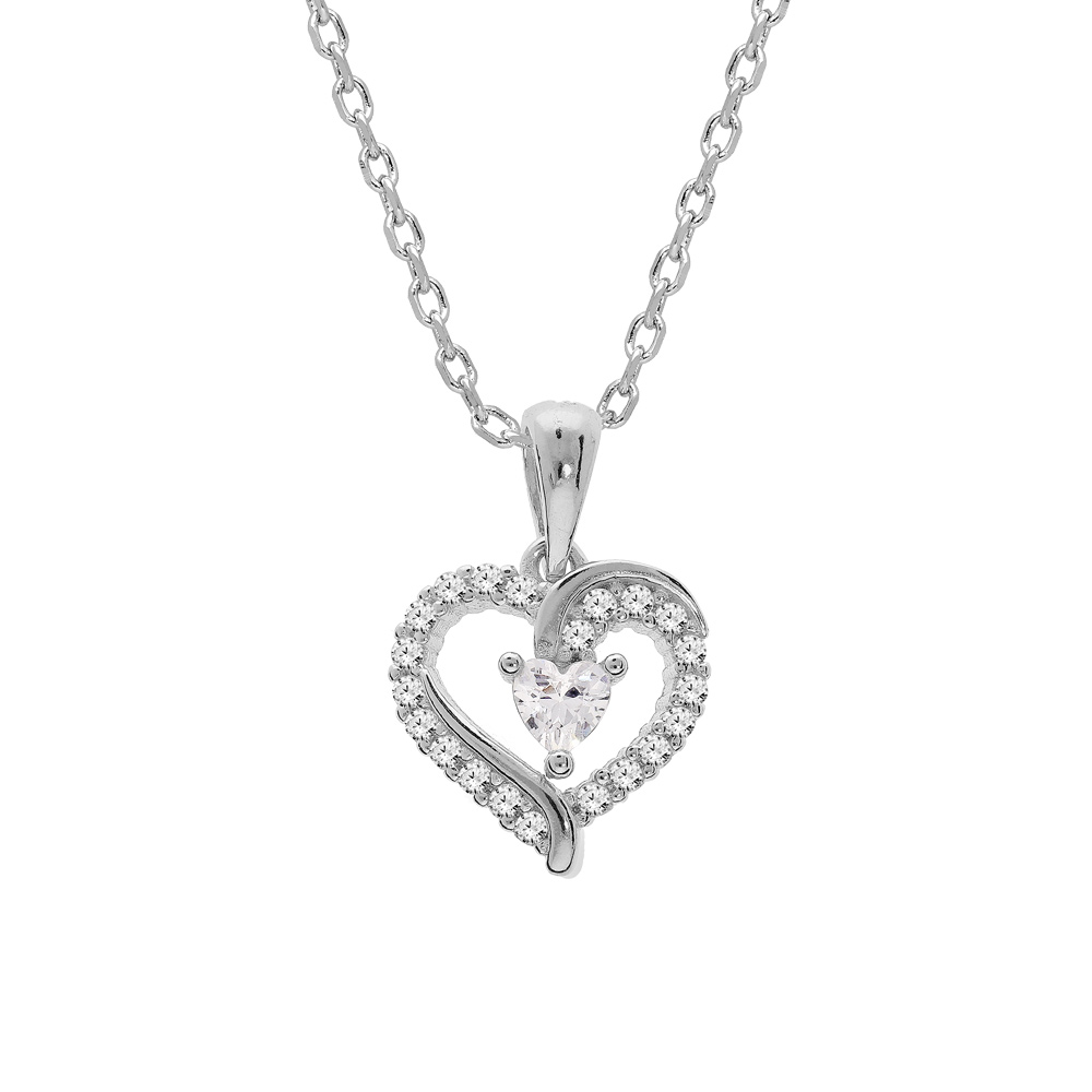 Collier en argent rhodi� cha�ne avec pendentif coeur contour oxydes blancs 42+3cm - Vue 1