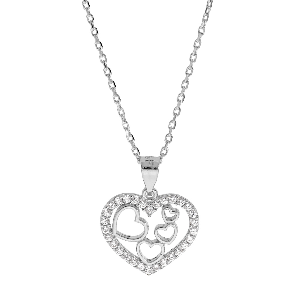Collier en argent rhodi� cha�ne avec pendentif coeur contour oxydes blancs sertis 40+5cm - Vue 1
