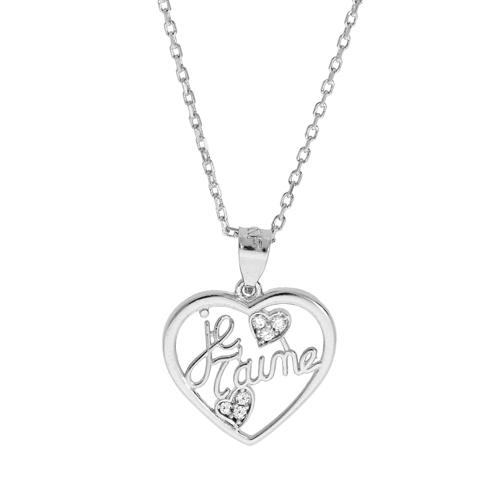 Collier en argent rhodi� cha�ne avec pendentif coeur �crit je t\'aime 40+5cm - Vue 1
