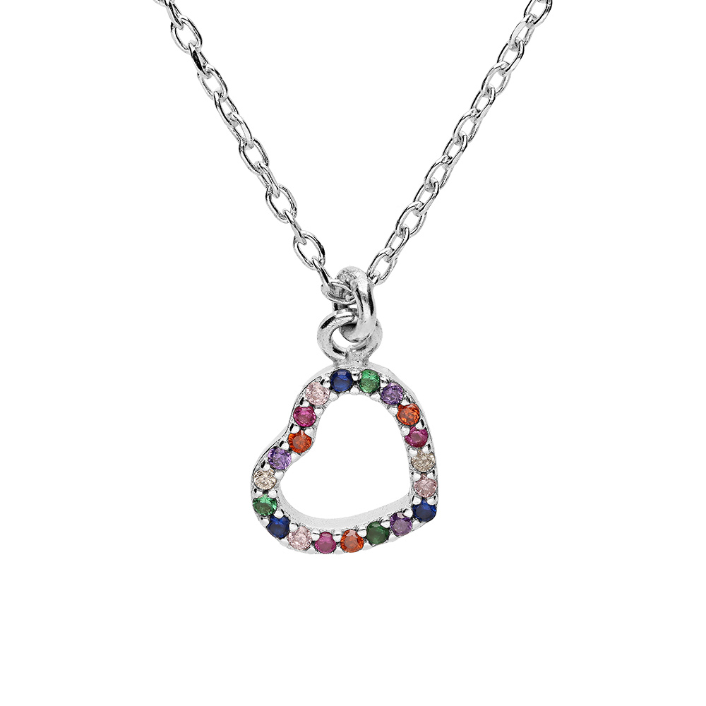 Collier en argent rhodi� cha�ne avec pendentif coeur empierr�s multi couleurs 40+5cm - Vue 1