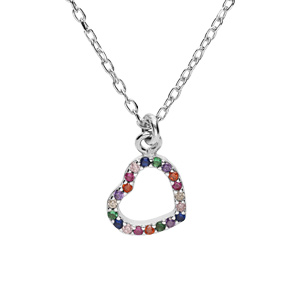 Collier en argent rhodi chane avec pendentif coeur empierrs multi couleurs 40+5cm - Vue 1