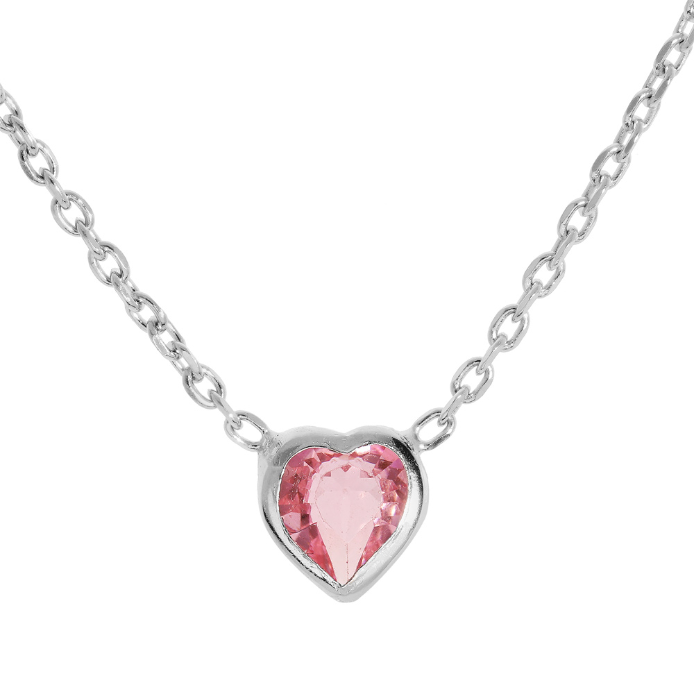 Collier en argent rhodi� cha�ne avec pendentif coeur en oxyde rose sertis 37+3cm - Vue 1