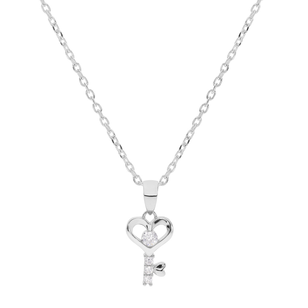Collier en argent rhodi� cha�ne avec pendentif coeur et clefs avec oxydes blancs sertis 42+3cm - Vue 1